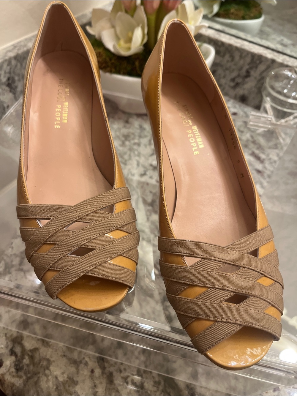 Stuart Weitzman Mustard Yellow and Tan Crisscross Peep-Toe Flats